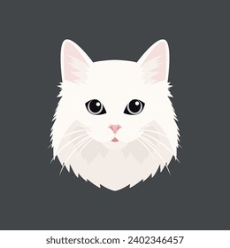 Vector Flat Cats Eye of a White Cat. Cat Face with Eyes, Nose, Whiskers Icon Set Closeup Isolated. Cat in Front View