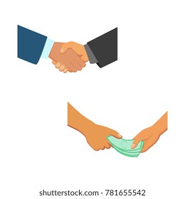 vector flat caucasian, african black man hands handshaking. Symbol of good deal, agreement, partnership, compromise and success. Hand giving money, loan icon. Isolated illustration, white background.