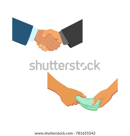 vector flat caucasian, african black man hands handshaking. Symbol of good deal, agreement, partnership, compromise and success. Hand giving money, loan icon. Isolated illustration, white background.