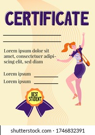 Vector flat certificate template for teaching foreign languages or psychology. It shows greeting girl, logo in form of intersecting conversational bubbles, open barn lock, lettering. Standard format.