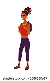 Vector flat character of Afro American woman traveler isolated on white background. Beautiful smiling African girl with backpack on vacation or journey. Tourism and travel, excursion and sightseeing