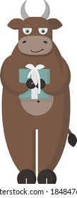 Bull de personaje vectorial plano con un regalo en sus manos en tonos marrones y azules