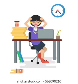 Vector flat character - business lady is stressed at a table in office with computer, papers and coffee. Clock on the white wall