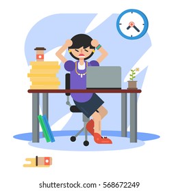 Vector flat character - business lady in stress at table in office with computer, papers and coffee with color background. Clock on the white wall. Suitable design for animation