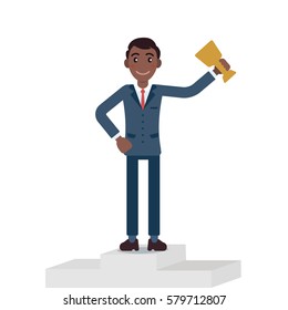 Vector flat character cartoon african business man winner success podium concept