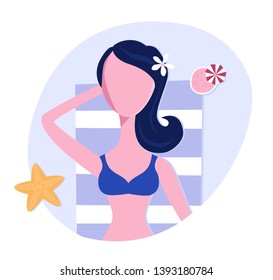 Vector flat character cartoon girl woman at the beach holiday vacantion