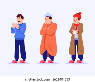 Vector flat character collection set of man having flu.
