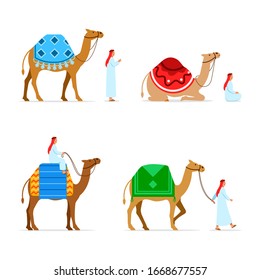 Vector flat character collection set of camel rider.