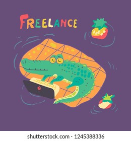Vector flat character crocodile with laptop computer. Freelancer concept cute cartoon croc. Alligator works distant in internet. Freelance job illustration for poster, kids game, book, t-shirt, print.