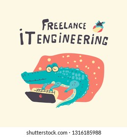 Vector flat character crocodile with laptop computer. Freelancer IT engineering concept. Cute cartoon alligator works distant in internet. Illustration of funny croc working at home. 