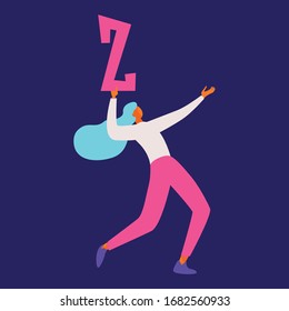 Vector flat character dancing with english capital letter z. Concept illustration