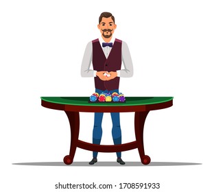 Vector flat character dealer holds of playing cards, poker table and chips isolated on white. Man croupier on series of poker tournaments. Gambling industry, casino, entertainment, hobby concept