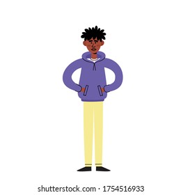 Diseño vectorial de carácter plano del adolescente negro. Joven afroamericano triste parado con las manos en los bolsillos protestando contra el racismo.
