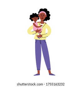 Vector Flat Character Design Of Black Mother And Child. Sad African American Young Woman Standing With Little Daughter Protesting Against Racism.