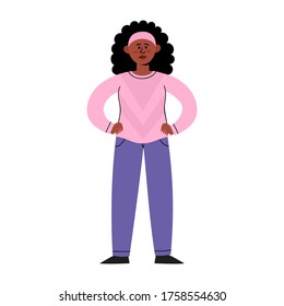 Vector flat character design of black woman. Sad african american young woman standing with hands on belt protesting against racism.