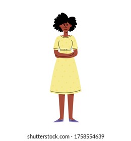 Vector flat character design of black woman. Sad african american young woman standing and crossing the arms protesting against racism.