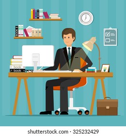 Vector flat character design of office worker. Businessman working, sitting at desk, looking at computer screen and writing.