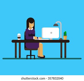 Vector flat character design on business woman working in office behind her desk with desktop computer and coffee in paper cup. Business woman using computer