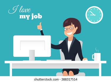 Vector flat character design on business woman working in office behind her desk with desktop computer and coffee doing thumb up sign and smiling. I love my job concept. 