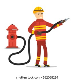 Vector flat character - firefighter with a hose and hydrant