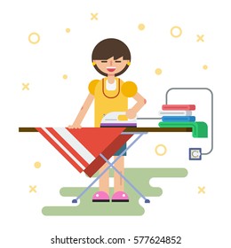Vector flat character - happy woman irons clothes at home