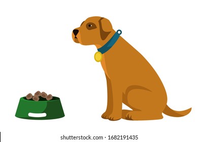 Dibujo vectorial plano de un lindo perro marrón sentado aislado en fondo blanco. Mascota perrito esperando para comer con comida para perros. Cachorro cerca de su tazón. Amor y atención de la salud del concepto animal