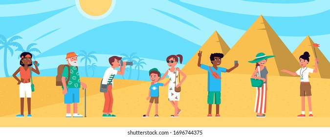 Vector flat character illustration of group tourists and woman guide looking sights in Egypt. Man, woman, kid and family photos ancient Egyptian pyramids. Traveling, vacation, world tourism concept