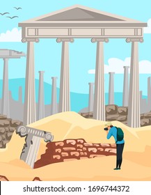 Vector flat character illustration of male tourist looking sights Greece excursion. Young man photos ancient ruin marble column, antique architecture. Traveling, vacation, world tourism concept