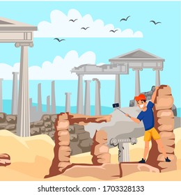 Vector flat character illustration of male tourist looking sights Greece. Yong smiling man making selfie, photos ancient ruin marble column on excursion. Travelling, vacation, world tourism concept