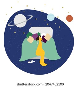 Vector flat character illustration. A woman sleeping in a mask and in a long dress in pillows in a bed with the universe and the stars. Healthy sound sleep