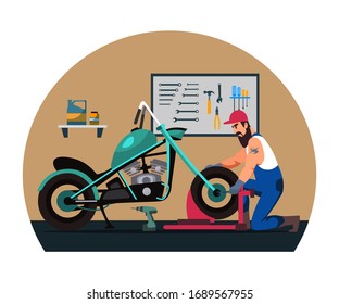 Vector flat character of male mechanic repairs motorcycle wheel isolated on white background. Man fixing motorbike in repair shop or garage. Concept of motor service, repair and maintenance garage