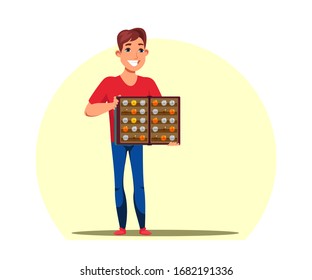 Vector flat character of male numismatist holds coin collection isolated on white background. Man collects a collection of old rare coins in album. Hobby, talents, collecting and self-education