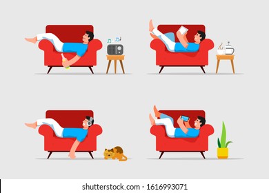 Vector flat character of man rest and relaxing on couch.