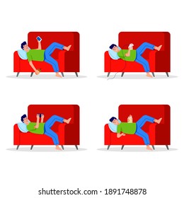 Vector flat character of man rest and relaxing on couch. Playing game, watching television and scrolling social media.