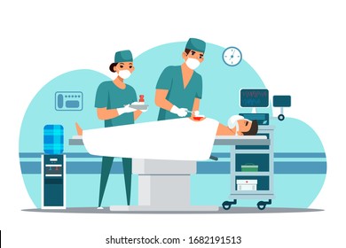 Vector flat character of man surgeon operating patient. Nurse assisting doctor in surgery. Emergency, urgent or planned operation. Medical treatment in hospital, clinic service, healthcare Concept