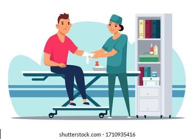 Vector  flat character of nurse bandages patient hand. First aid emergency hands doing dressing bandage in Traumatology clinic. Medical treatment in hospital, clinic service, healthcare Concept