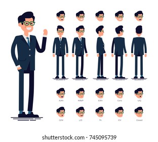 Vector Flat Character Sheet With Businessman Standing Front, Side, Back Views, Full Length. Facial Emotions, Basic Set Of Phoneme Mouth Lip Sync Chart. Ideal For Infographics Animation, Motion Design