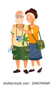 Vector flat character of smiling elderly couple tourists isolated on white background. Senior traveling man and woman with photo camera and map having vacation. Tourism, excursion and sightseeing