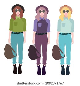 vector flat character stylish girls set