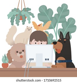 Vector flat character woman freelancer working with computer comfortable natural home background disturbed by pets dog cat macow bird