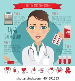 Vector flat charity and donation, medical, health care, hospital, doctor infographic with thin line icon set for your design