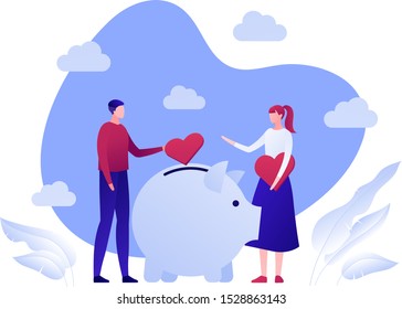 Vector flat charity money people illustration. Family donate heart sign to donation box. Concept of social care, responsobility, protection, love. Design background element for banner, poster