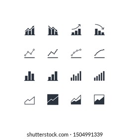 Vector Flat Chart Diagram Icon Set Illustration. Black Column With Arrow, Line And Area Pictogram Isolated On White. Concept Of Finance Statistics, Analitics. Design Element For Ui, Report, Web