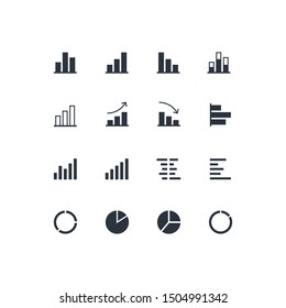 Vector Flat Chart Diagram Icon Set Illustration. Black Column, Bar And Circle Pie Pictogram Isolated On White Background. Concept Of Finance Statistics, Analitics. Design Element For Ui, Report, Web.