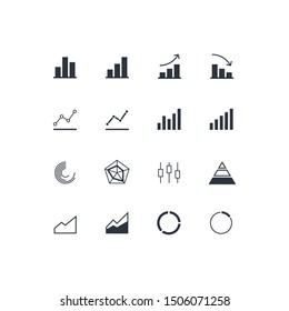 Vector flat chart diagram set illustration. Black column, bar, pie, radar and pyramid icons isolated on white background. Concept of finance statistics, analytics. Design element for ui, report, web.