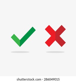 Vector flat check mark icons with long shadow for web and mobile apps. Red and green colors