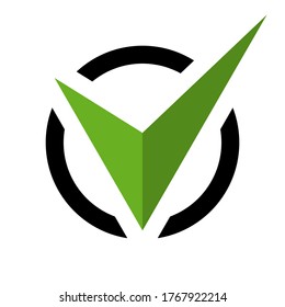 Vector flat checkbox icon, green tick symbol in a black circle isolated on white background