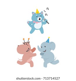 vector flat cheerful elephant, hippo kid character having fun running wearing party hat happily smiling, cat singing with microphone. isolated illustration on a white background. Animals party concept