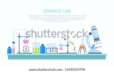 Vector flat chemistry laboratory and science equipment.  Glass flasks with microscope in research laboratory.