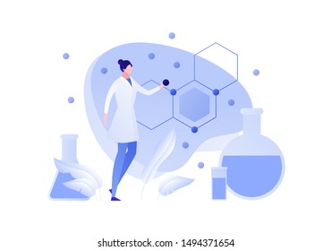 Vector flat chemistry science people illustration. Female scientist holding atom with formula and tube on background. Concept of biochemistry, research, analysis Design element for banner, poster, web